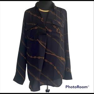 Ann Taylor Black Blouse with Gold Chain Design  | Large